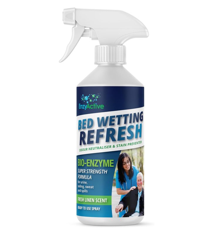 EnzyActive Bedwetting ReFresh enzyme spray bottle for odour removal and stain prevention on bedding, carpets, and upholstery